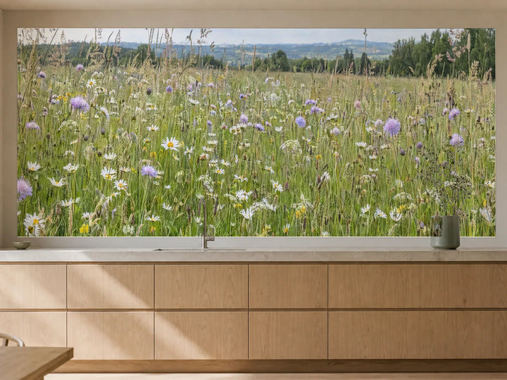 Küchenrückwand „Wiesenblüten in sanftem Sommerlicht“ als installierte Rückwand in einer warmen Küche