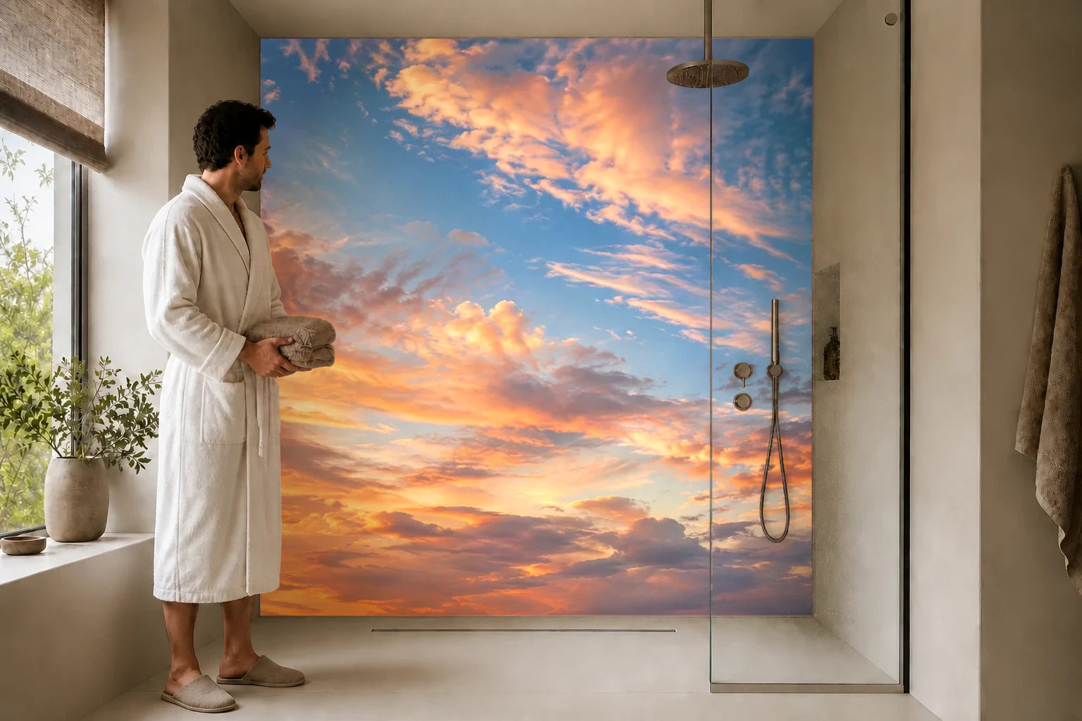 Duschrückwand „Apricotwolken am Abend“ in einer Dusche mit einem Mann im Bademantel