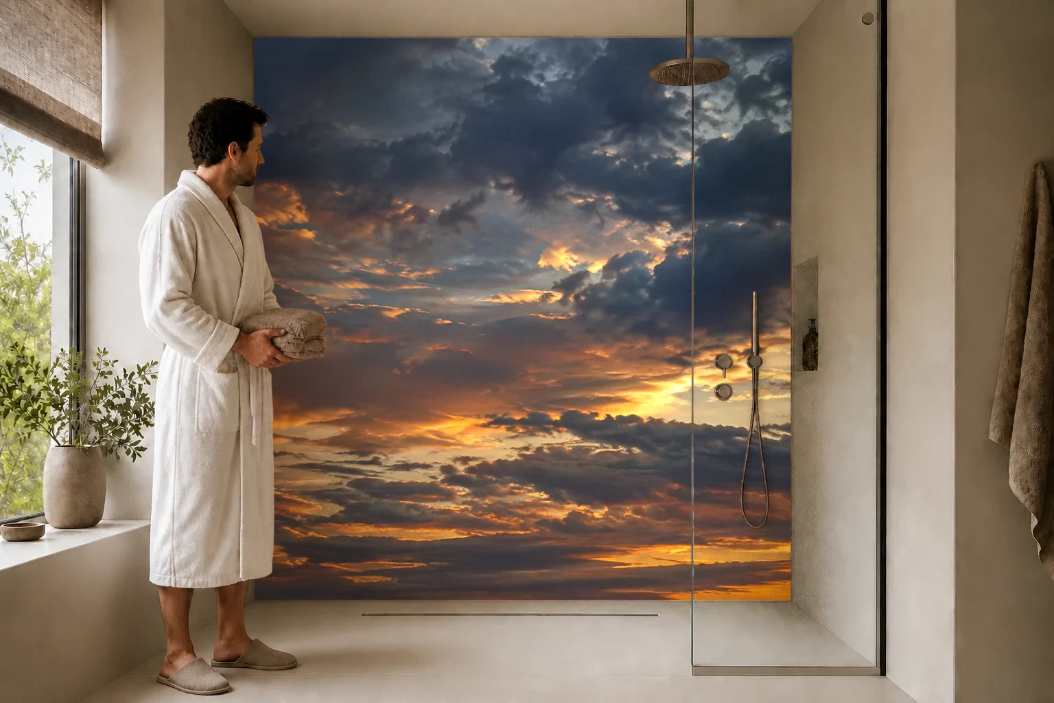Duschrückwand „Kupferlicht unter dunklen Wolken“ in einer Dusche mit einem Mann im Bademantel