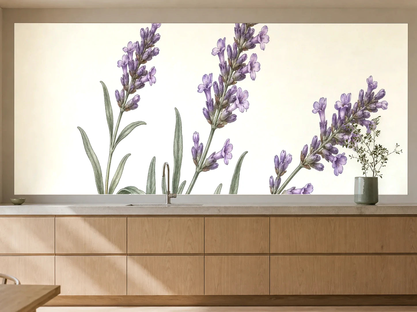 Küchenrückwand „Lavendelzweige – Botanischer Stich“ als installierte Rückwand in einer warmen Küche
