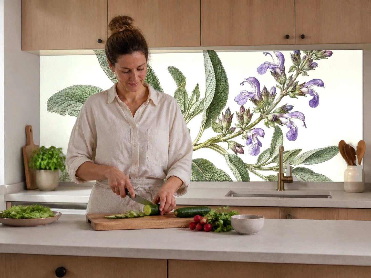 Küchenrückwand „Salbei mit Blüten – Botanischer Stich“ beim Zubereiten von Gemüse in einer Küche