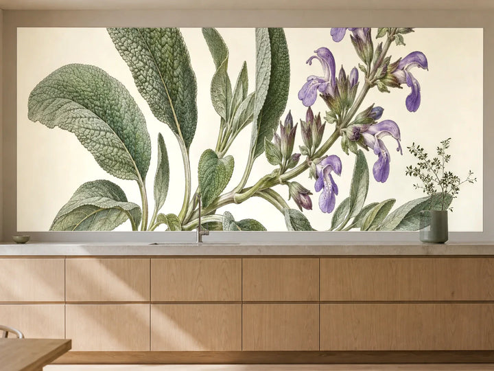 Küchenrückwand „Salbei mit Blüten – Botanischer Stich“ als installierte Rückwand in einer warmen Küche