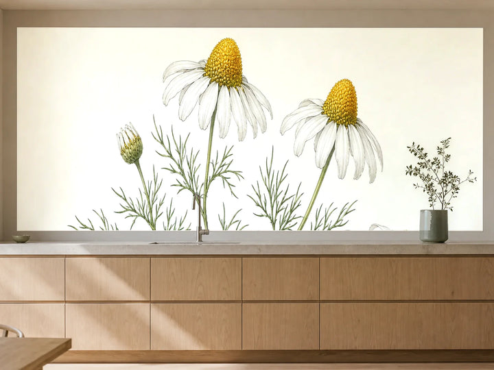 Küchenrückwand „Kamille in feinen Linien – Botanischer Stich“ als installierte Rückwand in einer warmen Küche