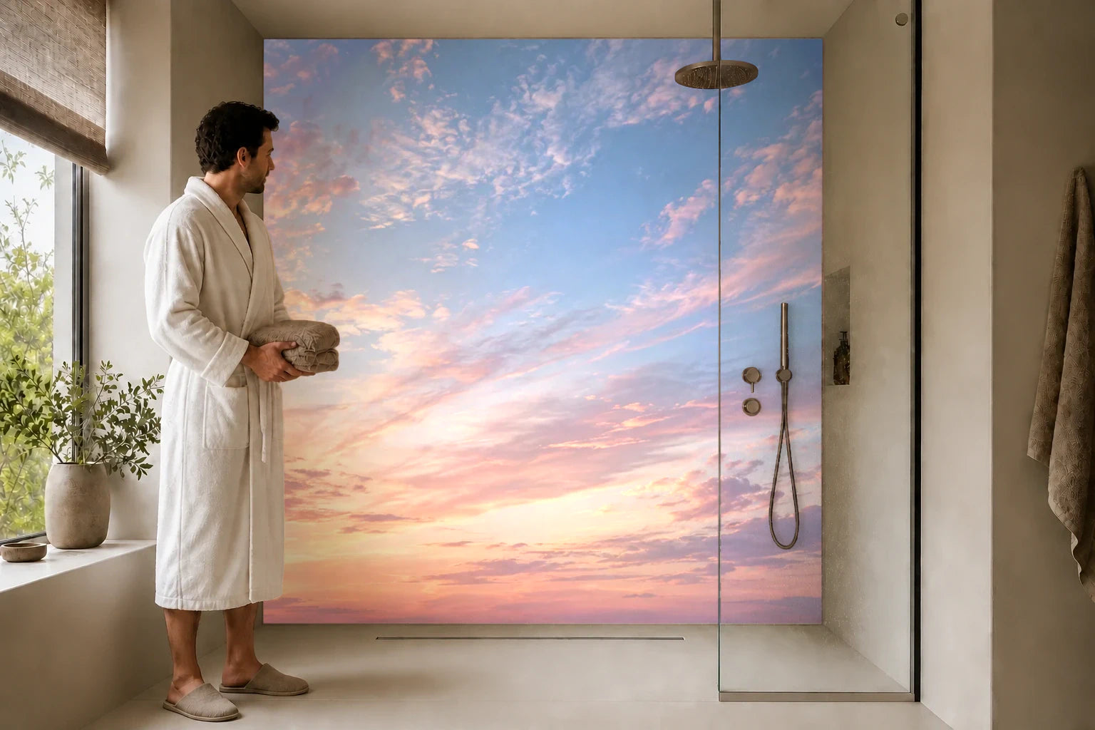 Duschrückwand „Rosiger Morgenhimmel“ in einer Dusche mit einem Mann im Bademantel