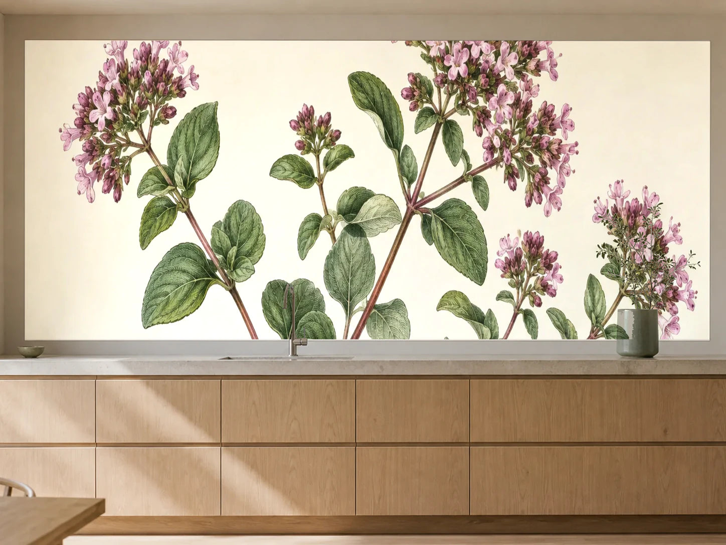 Küchenrückwand „Oregano mit Blüten – Botanischer Stich“ als installierte Rückwand in einer warmen Küche