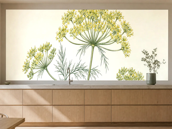Küchenrückwand „Dill mit feinen Dolden – Botanischer Stich“ als installierte Rückwand in einer warmen Küche