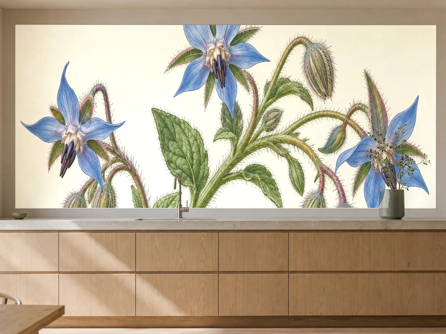 Küchenrückwand „Borretsch mit Sternblüten – Botanischer Stich“ als installierte Rückwand in einer warmen Küche