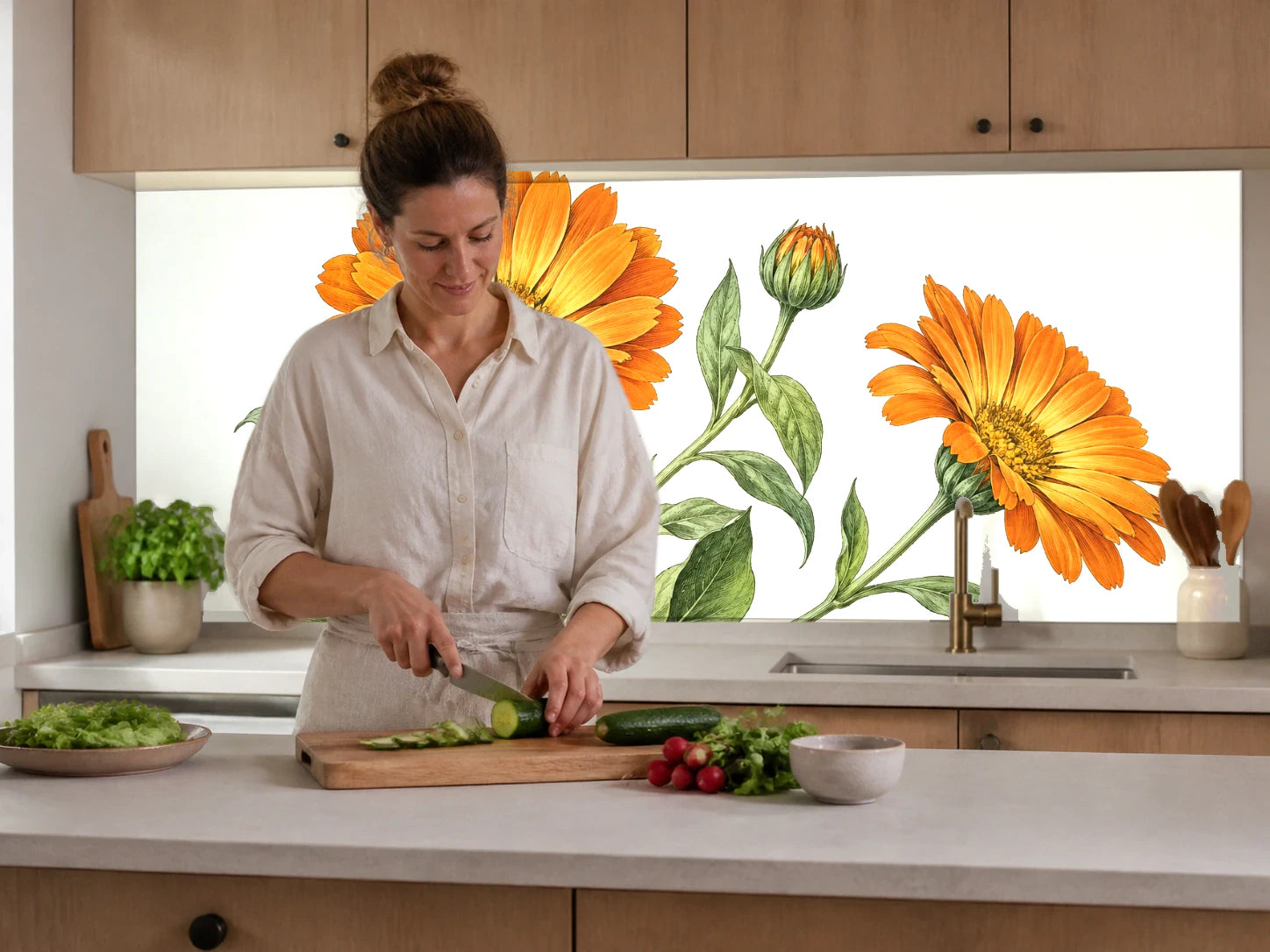 Küchenrückwand „Ringelblume mit Knospen – Botanischer Stich“ beim Zubereiten von Gemüse in einer Küche