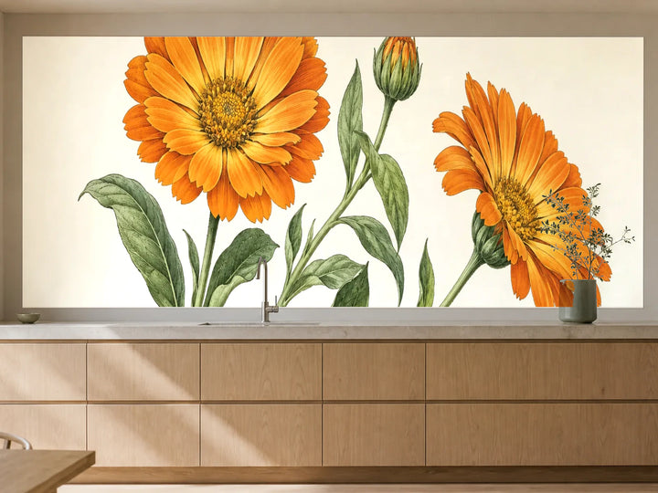 Küchenrückwand „Ringelblume mit Knospen – Botanischer Stich“ als installierte Rückwand in einer warmen Küche