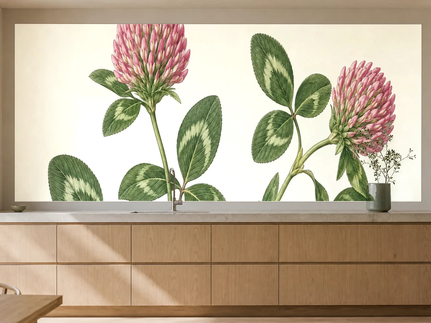 Küchenrückwand „Rotklee am Wiesenrand – Botanischer Stich“ als installierte Rückwand in einer warmen Küche