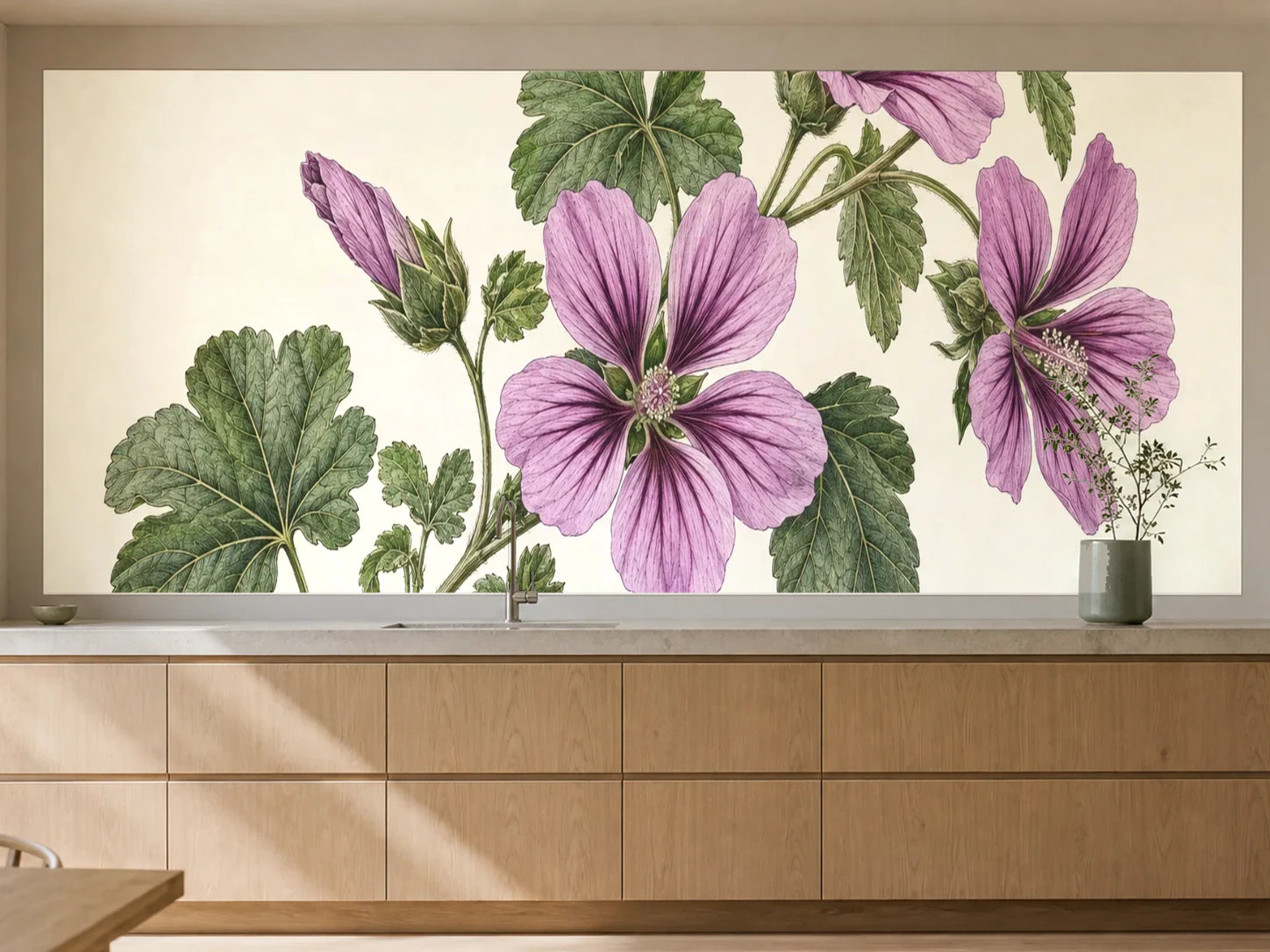 Küchenrückwand „Wilde Malve – Botanischer Stich“ als installierte Rückwand in einer warmen Küche