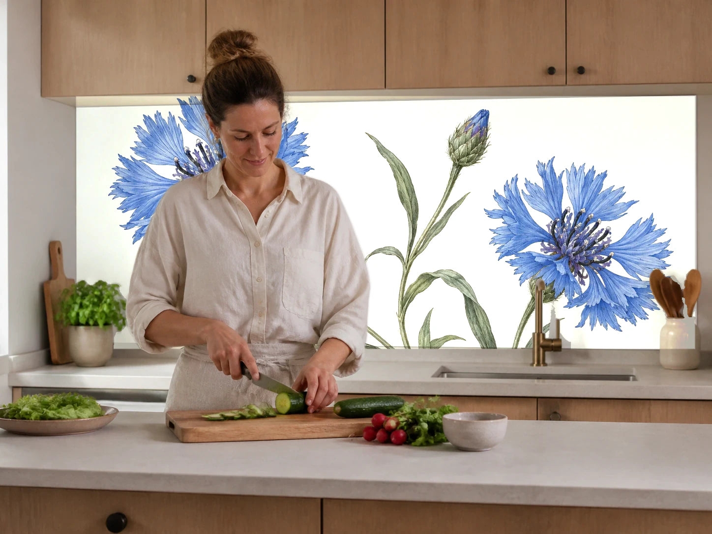 Küchenrückwand „Kornblumen in Blau – Botanischer Stich“ beim Zubereiten von Gemüse in einer Küche