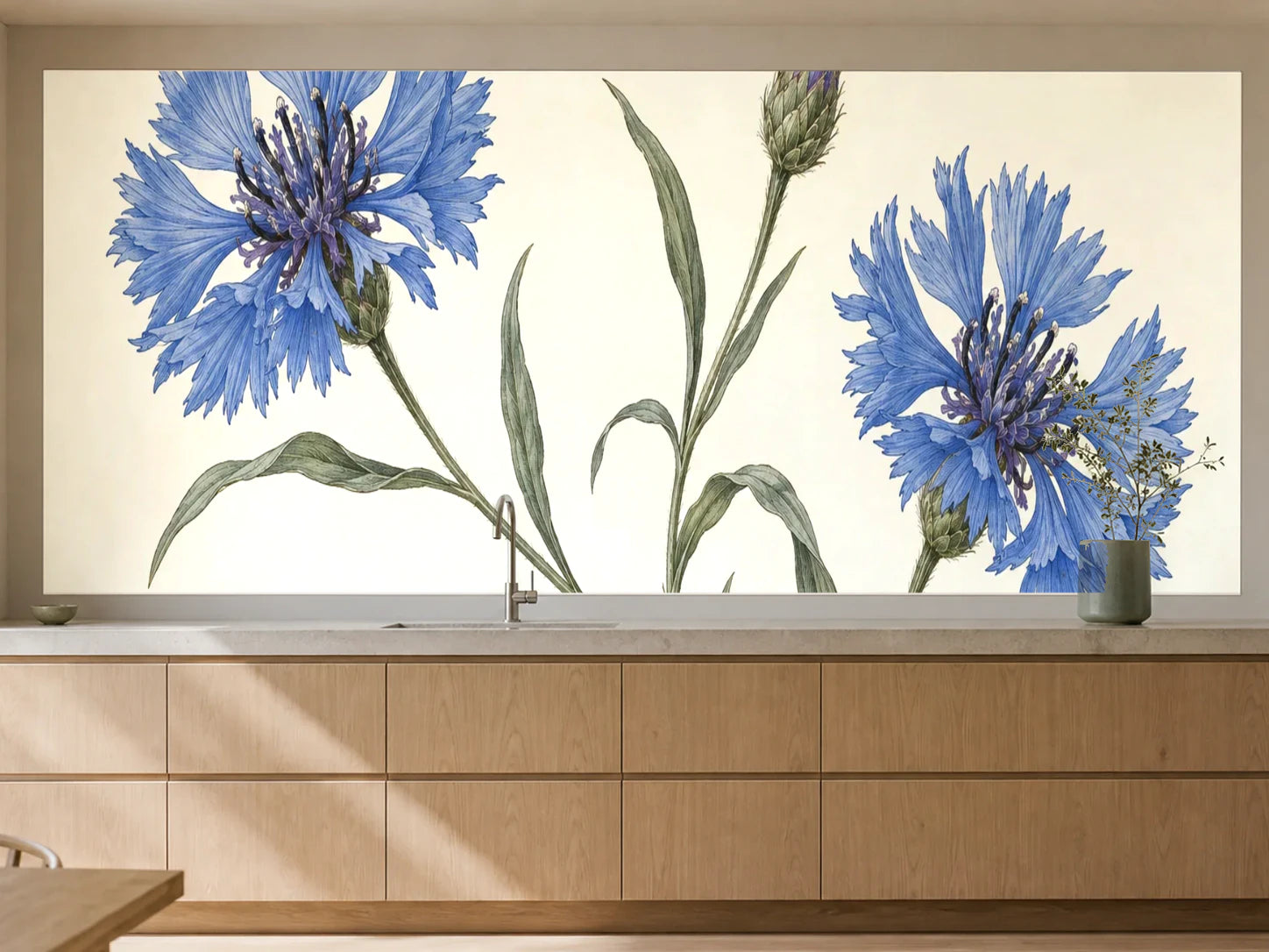 Küchenrückwand „Kornblumen in Blau – Botanischer Stich“ als installierte Rückwand in einer warmen Küche