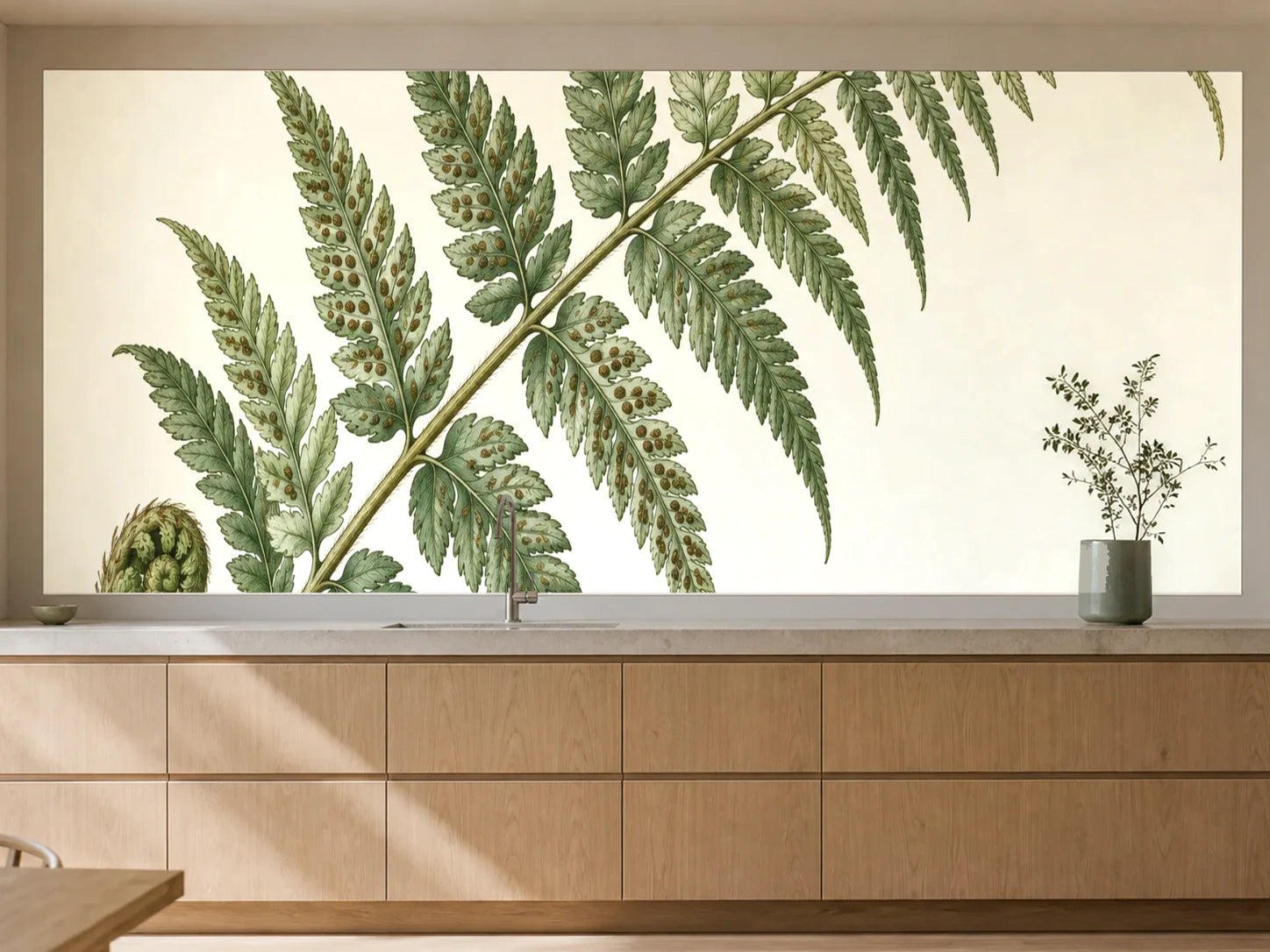 Küchenrückwand „Farnwedel mit jungem Austrieb – Botanischer Stich“ als installierte Rückwand in einer warmen Küche