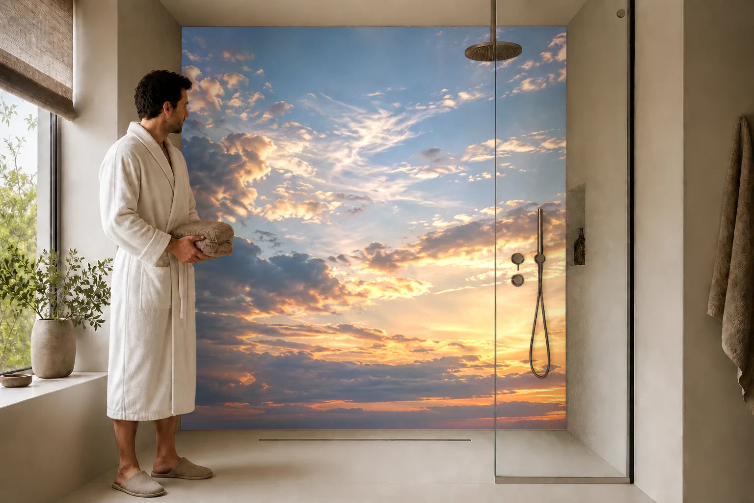 Duschrückwand „Goldener Saum im Morgenblau“ in einer Dusche mit einem Mann im Bademantel