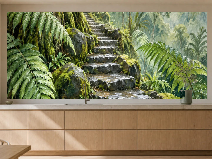 Küchenrückwand „Moostreppe im Regenwald – Aquarell“ als installierte Rückwand in einer warmen Küche