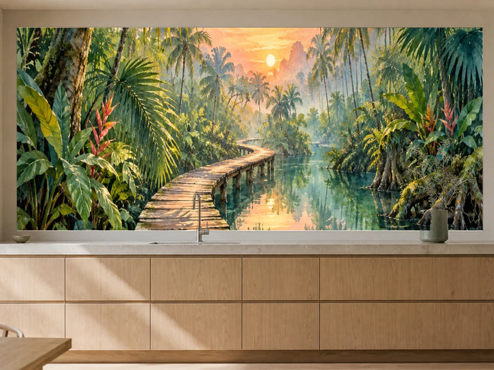 Küchenrückwand „Steg unter Fächerpalmen – Aquarell“ als installierte Rückwand in einer warmen Küche