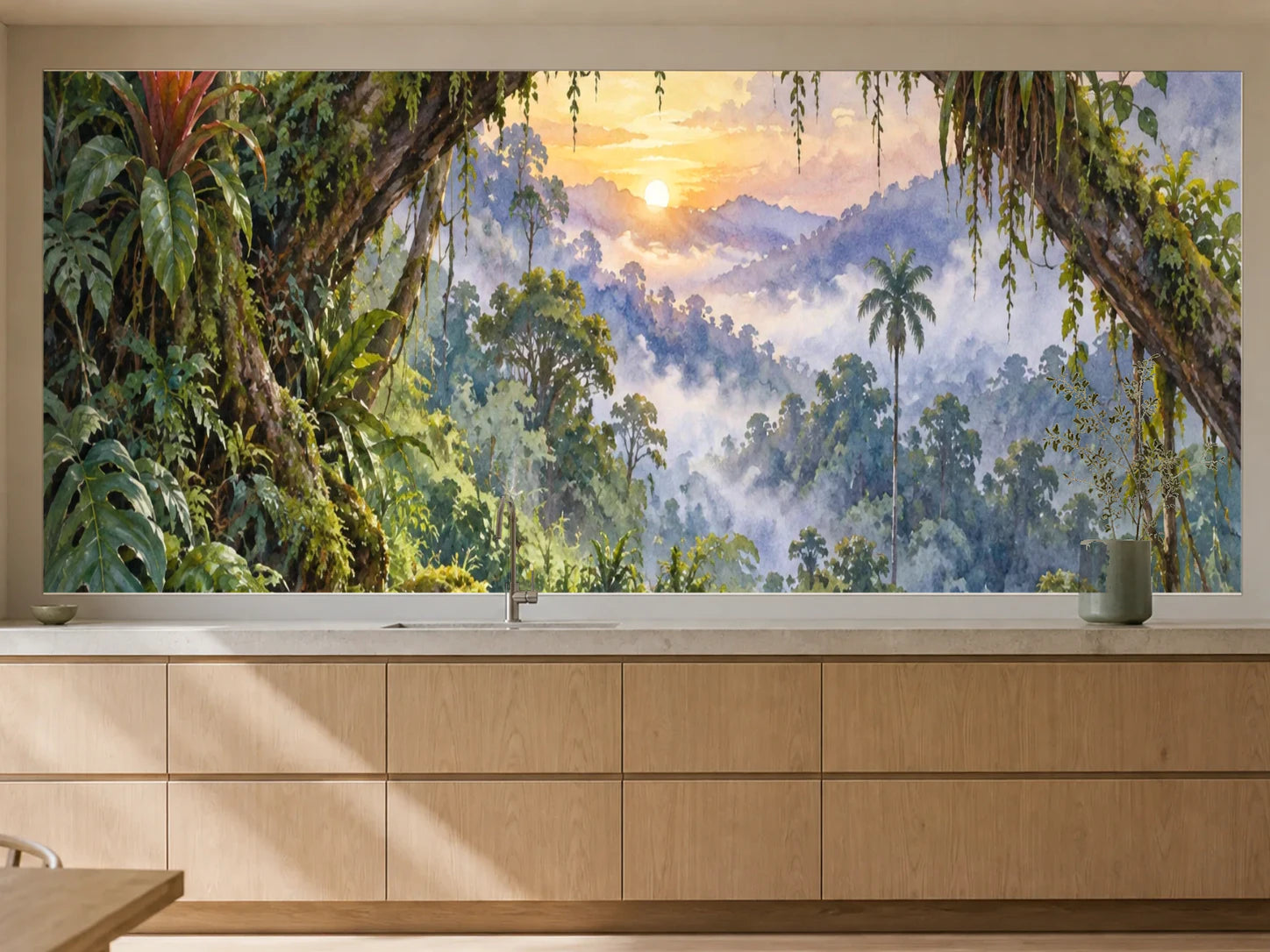 Küchenrückwand „Morgenpfad im Nebelwald – Aquarell“ als installierte Rückwand in einer warmen Küche