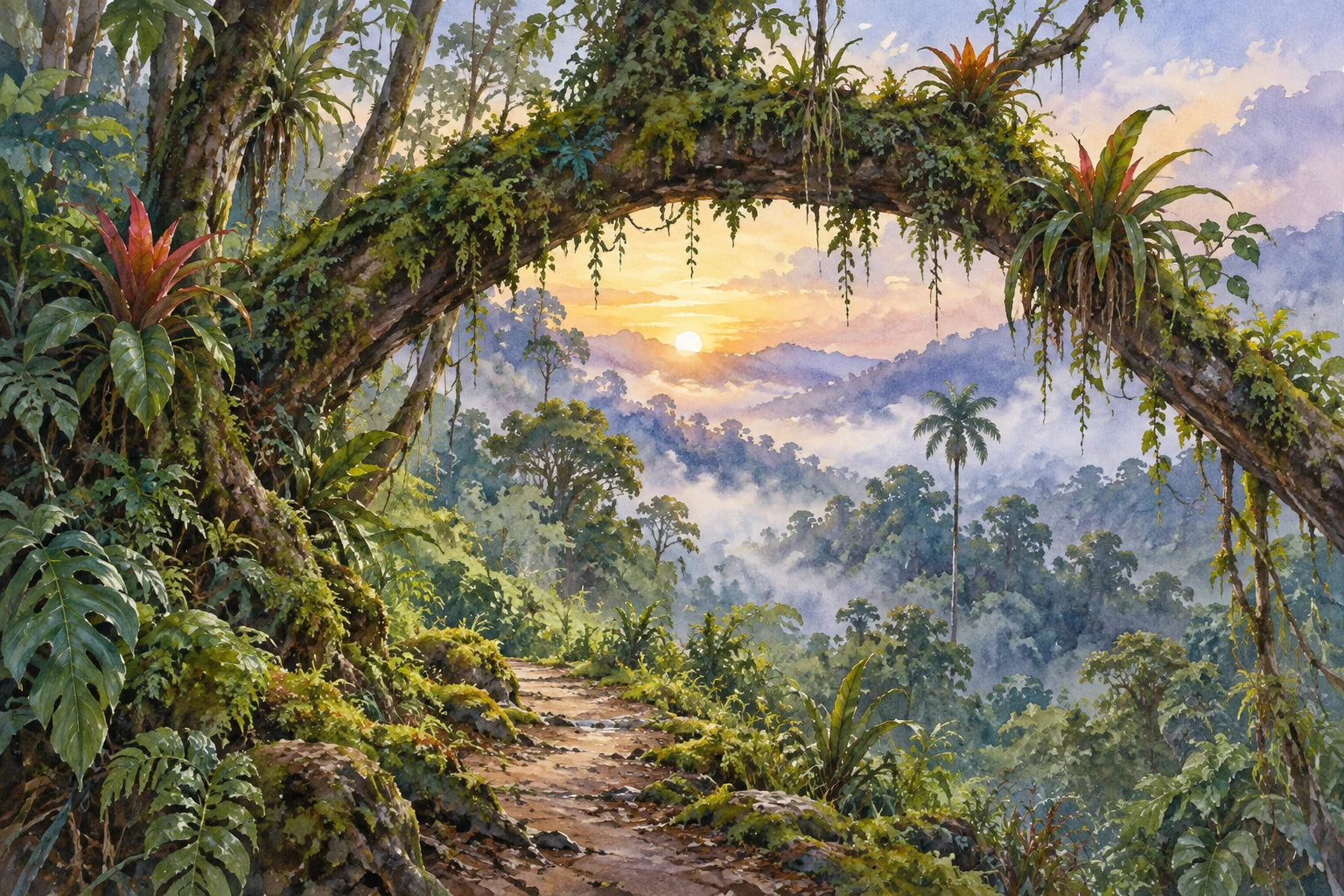 Motivvorschau „Morgenpfad im Nebelwald – Aquarell“ für Küchenrückwand