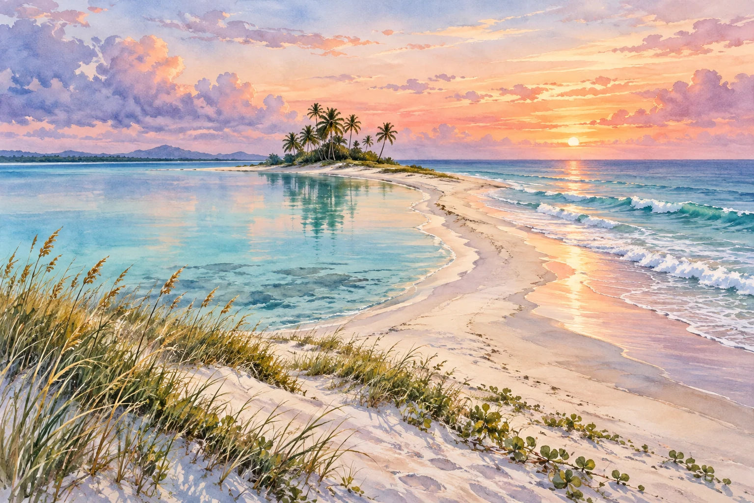 Motivvorschau „Sandzunge vor Palmen – Aquarell“ für Küchenrückwand