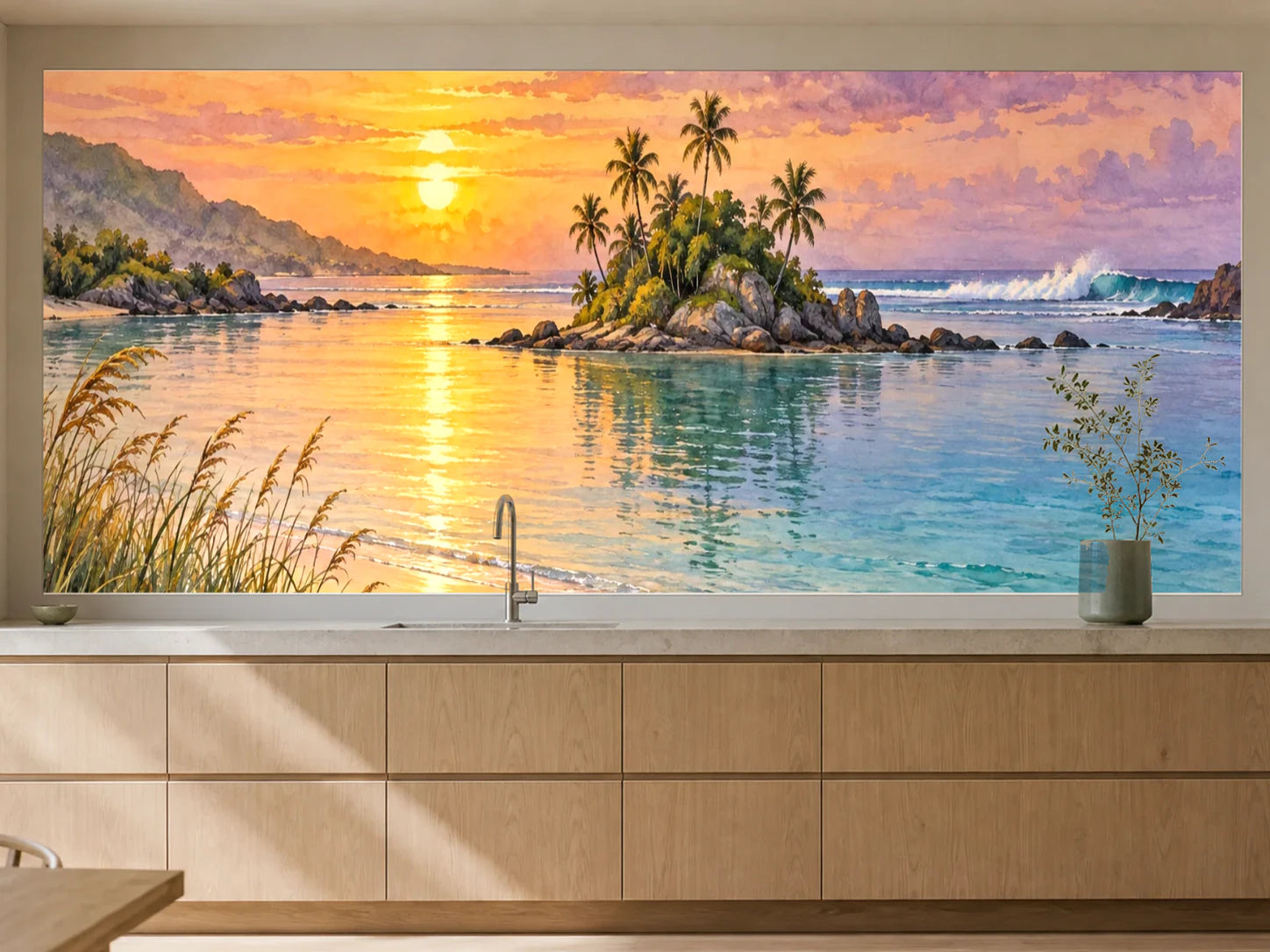Küchenrückwand „Abendlagune hinter den Dünen – Aquarell“ als installierte Rückwand in einer warmen Küche