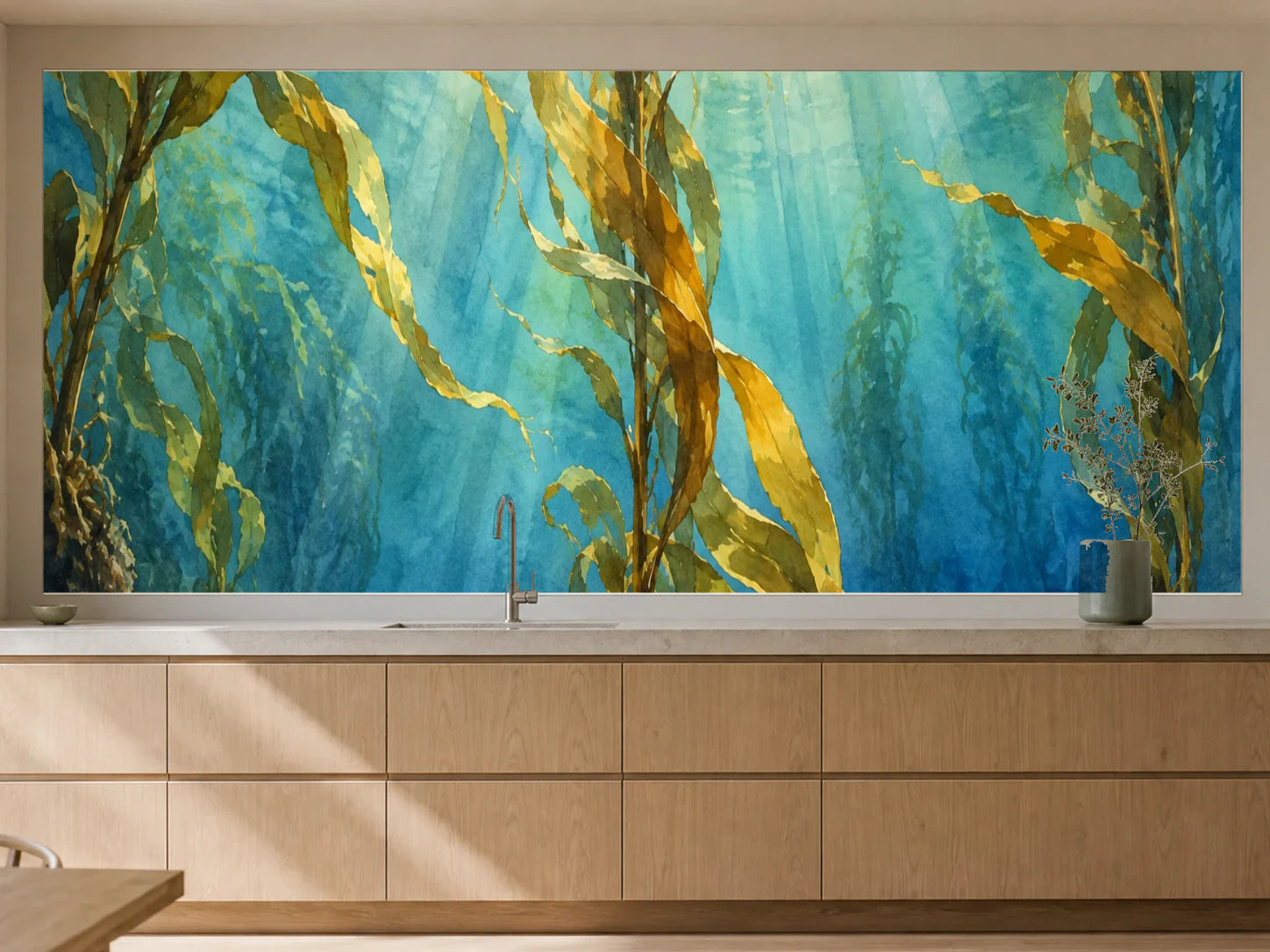 Küchenrückwand „Tangwald im Wasserlicht – Aquarell“ als installierte Rückwand in einer warmen Küche