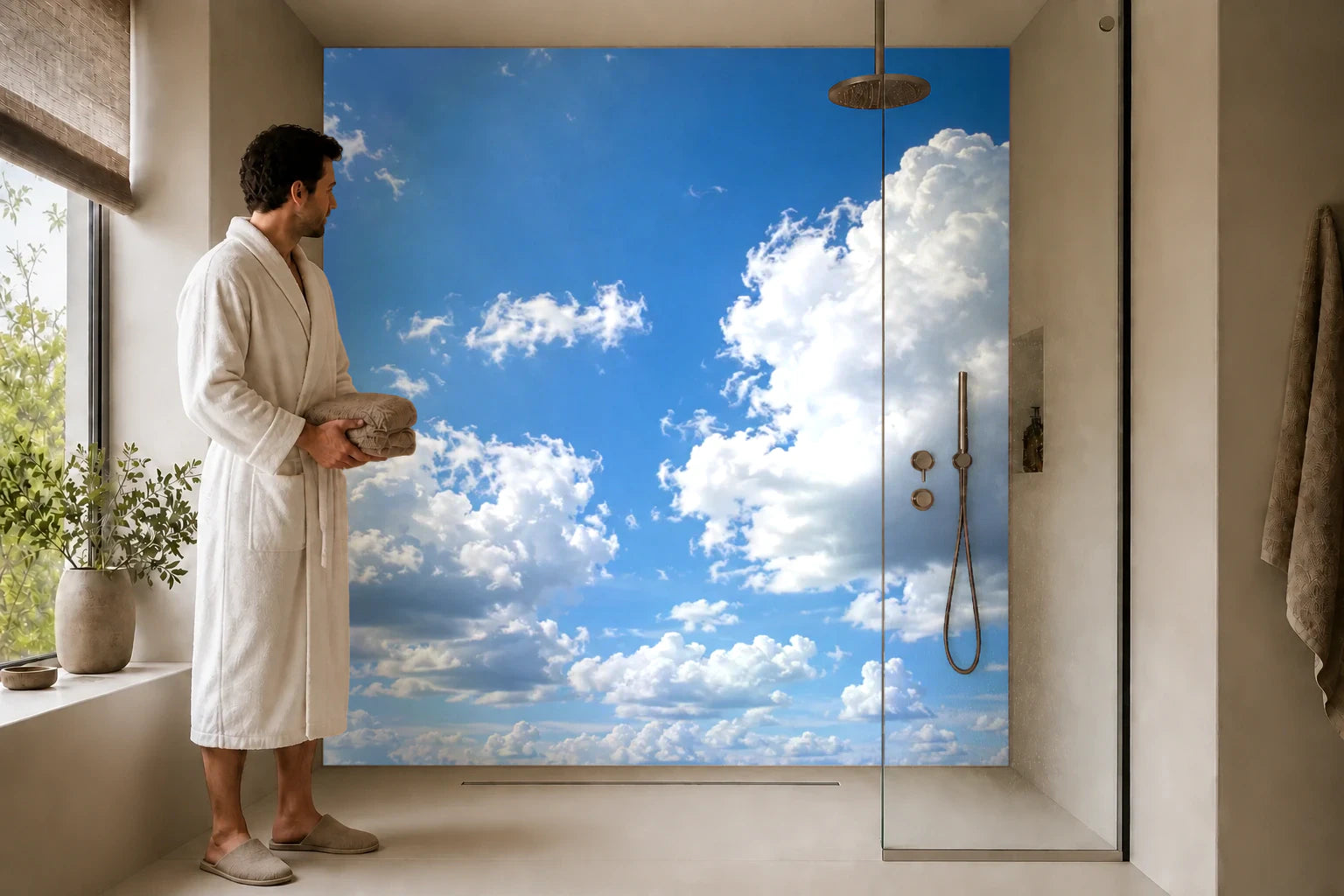 Duschrückwand „Weiße Wolken in Sommerblau“ in einer Dusche mit einem Mann im Bademantel