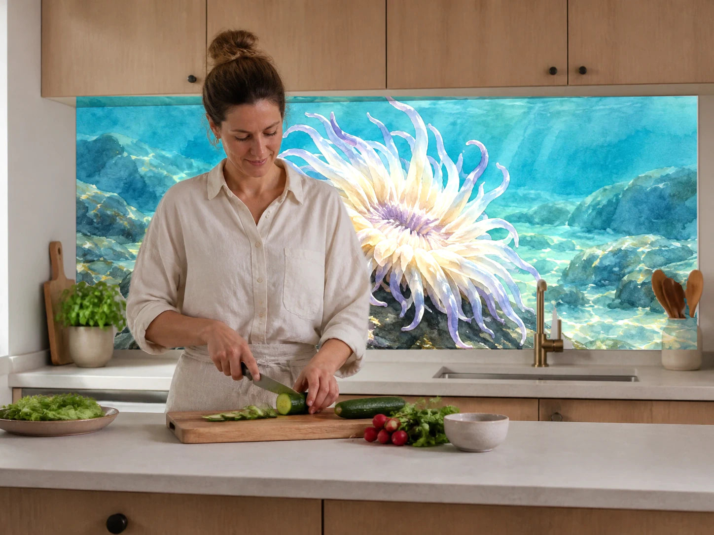 Küchenrückwand „Seeanemone im Türkiswasser – Aquarell“ beim Zubereiten von Gemüse in einer Küche