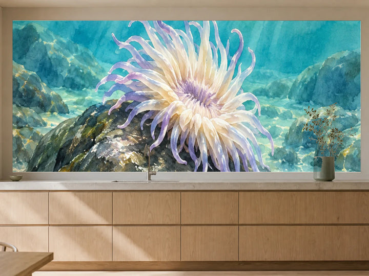 Küchenrückwand „Seeanemone im Türkiswasser – Aquarell“ als installierte Rückwand in einer warmen Küche