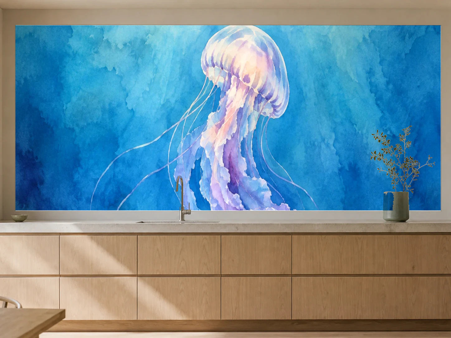 Küchenrückwand „Qualle in blauer Tiefe – Aquarell“ als installierte Rückwand in einer warmen Küche