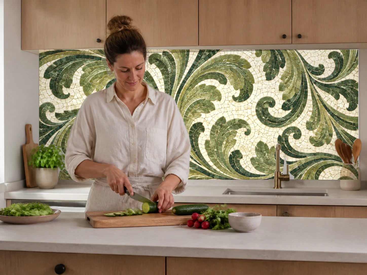 Küchenrückwand „Akanthusranken aus Stein – Mosaik“ beim Zubereiten von Gemüse in einer Küche