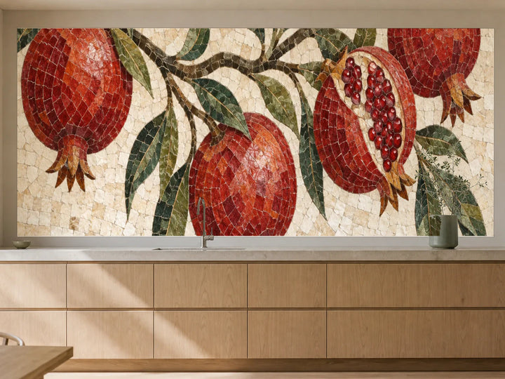 Küchenrückwand „Granatapfelzweige im Mosaik“ als installierte Rückwand in einer warmen Küche