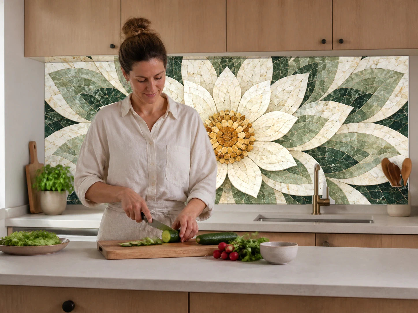 Küchenrückwand „Lotusrosette aus Marmor – Mosaik“ beim Zubereiten von Gemüse in einer Küche
