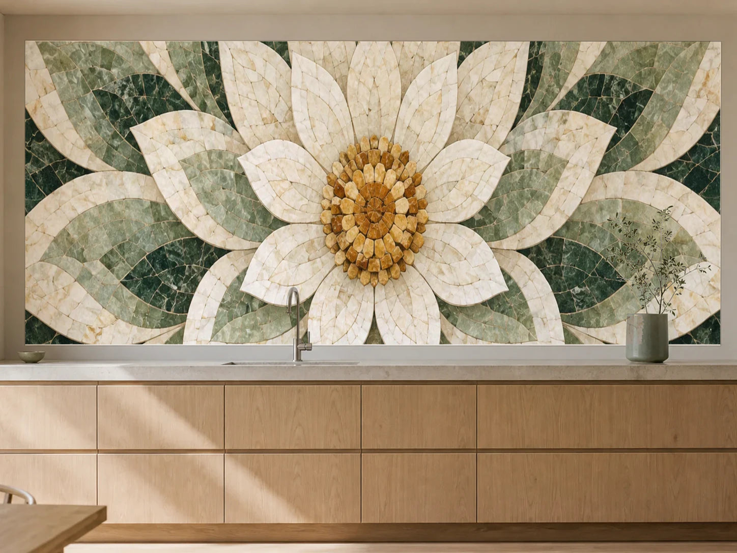 Küchenrückwand „Lotusrosette aus Marmor – Mosaik“ als installierte Rückwand in einer warmen Küche