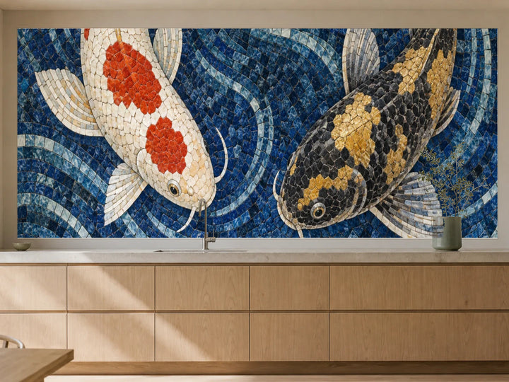 Küchenrückwand „Kois im blauen Mosaikteich“ als installierte Rückwand in einer warmen Küche