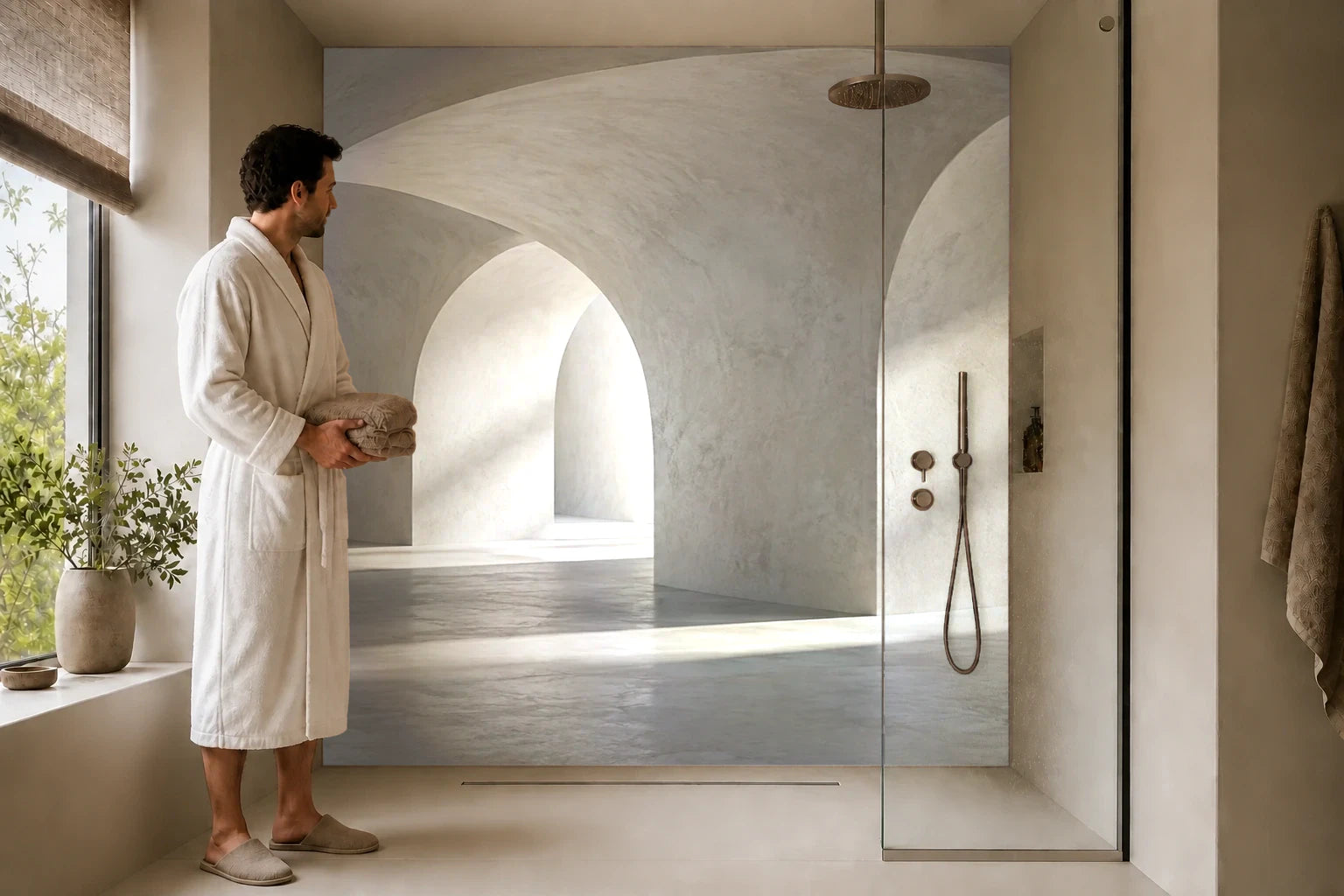 Duschrückwand „Weiße Gewölbe mit sanften Schatten“ in einer Dusche mit einem Mann im Bademantel