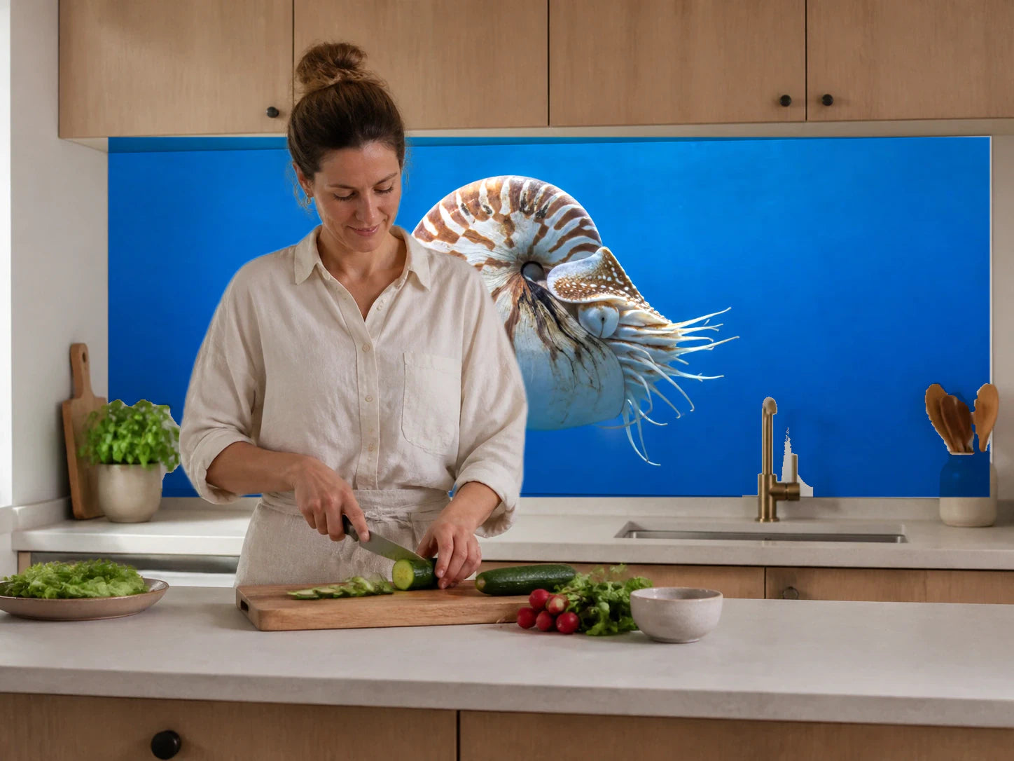 Küchenrückwand „Nautilus in blauer Tiefe“ beim Zubereiten von Gemüse in einer Küche