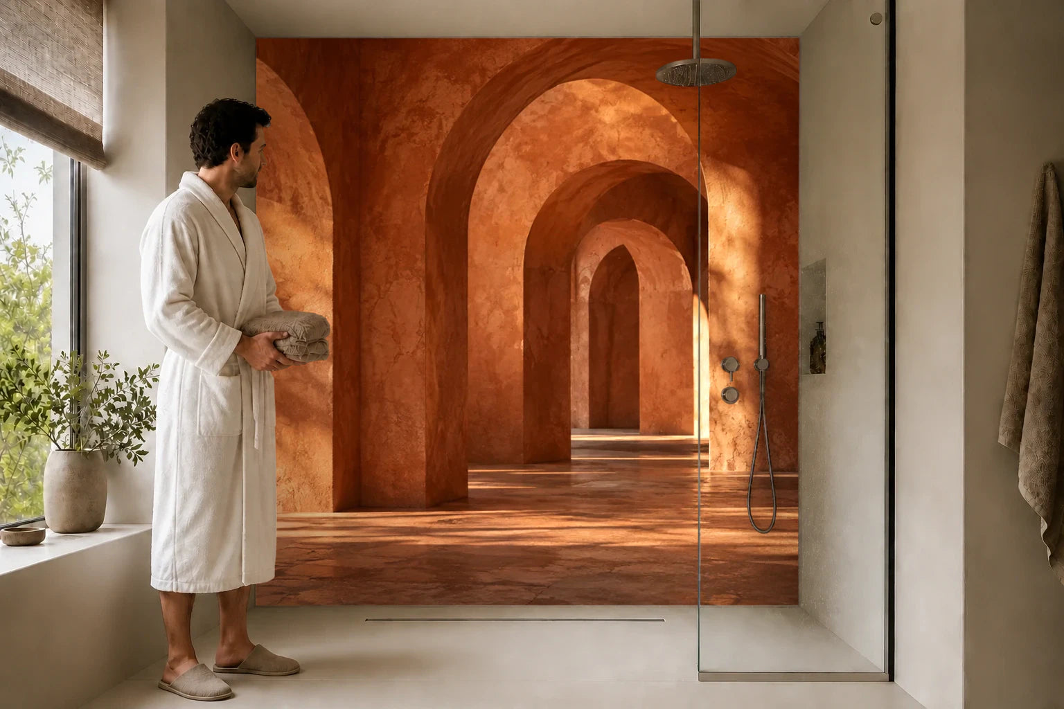 Duschrückwand „Terrakottaarkaden im Abendlicht“ in einer Dusche mit einem Mann im Bademantel