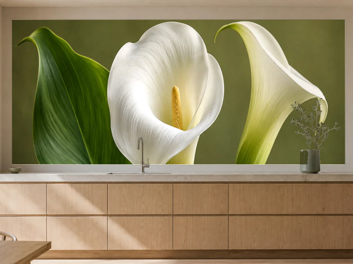 Küchenrückwand „Weiße Calla mit Blattschatten“ als installierte Rückwand in einer warmen Küche