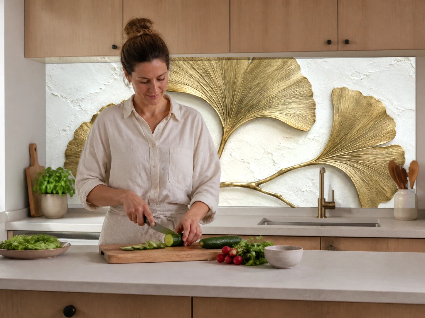 Küchenrückwand „Ginkgo als goldenes Relief“ beim Zubereiten von Gemüse in einer Küche