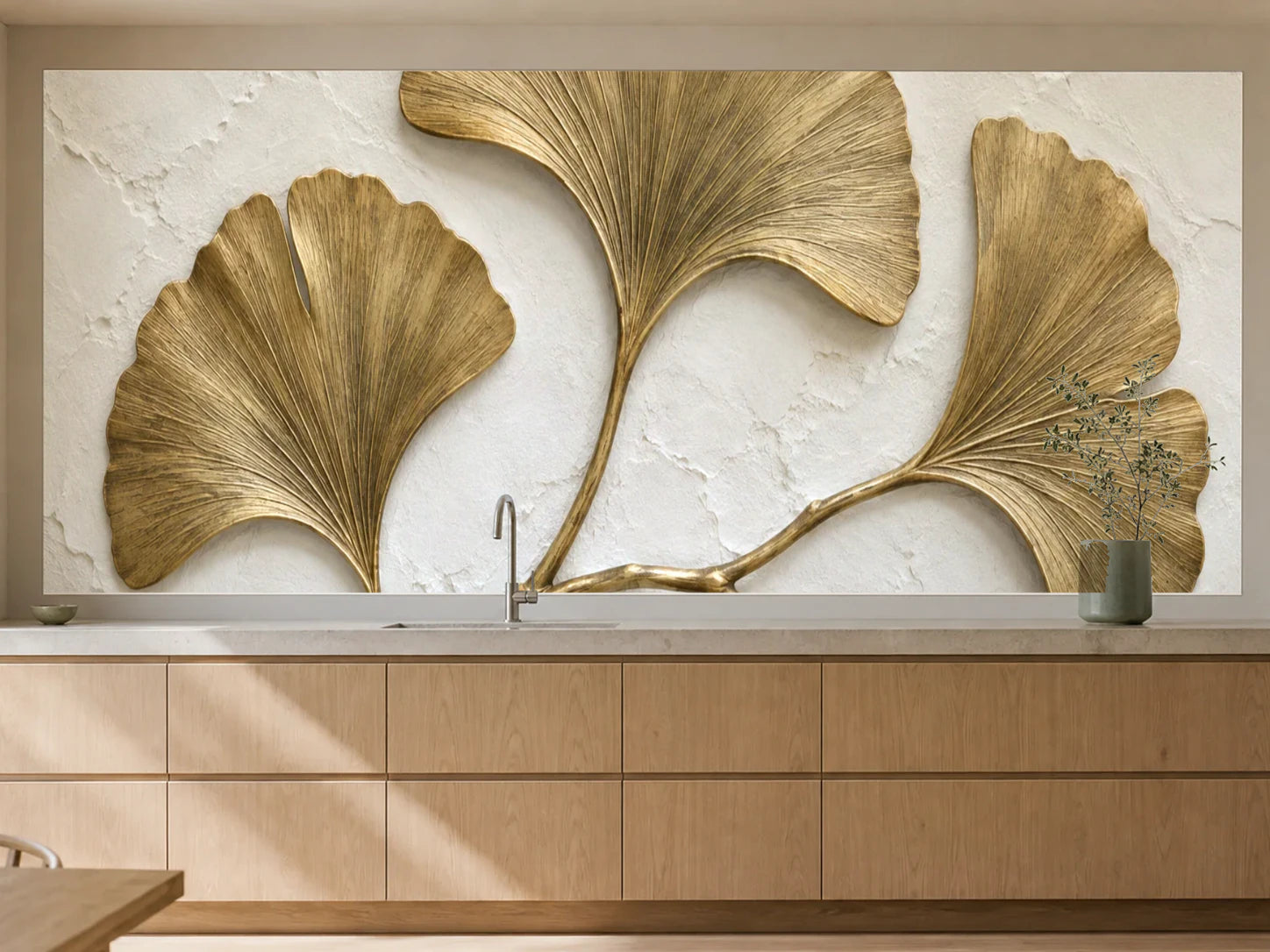 Küchenrückwand „Ginkgo als goldenes Relief“ als installierte Rückwand in einer warmen Küche