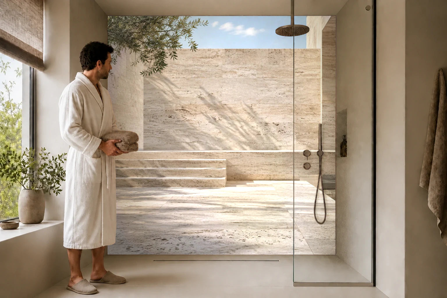 Duschrückwand „Travertinstufen im Hof“ in einer Dusche mit einem Mann im Bademantel