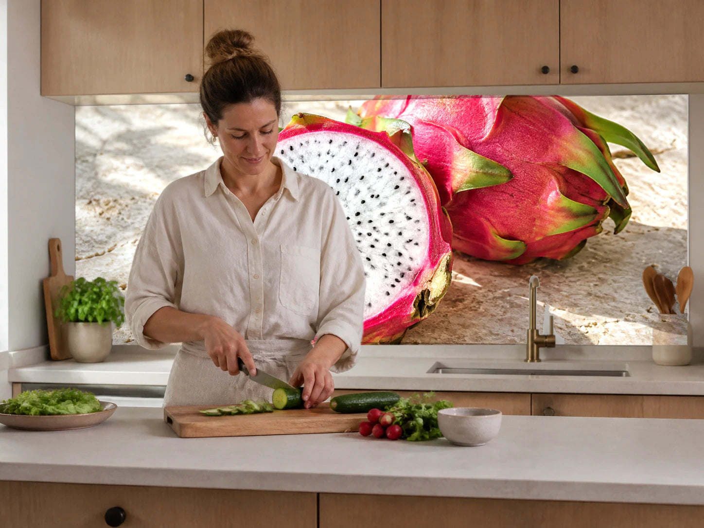 Küchenrückwand „Drachenfrucht auf hellem Stein“ beim Zubereiten von Gemüse in einer Küche