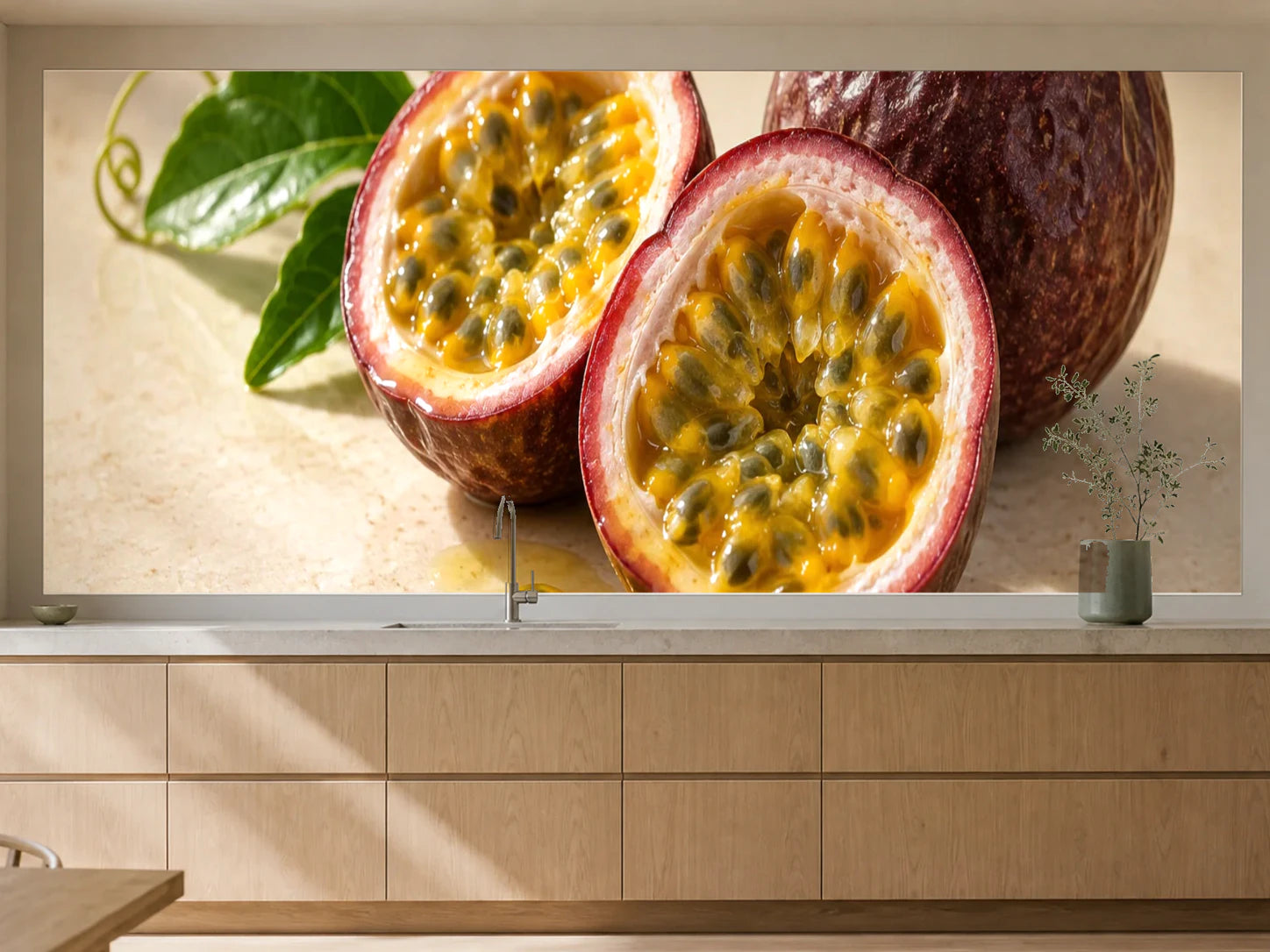 Küchenrückwand „Maracuja mit goldenem Fruchtfleisch“ als installierte Rückwand in einer warmen Küche