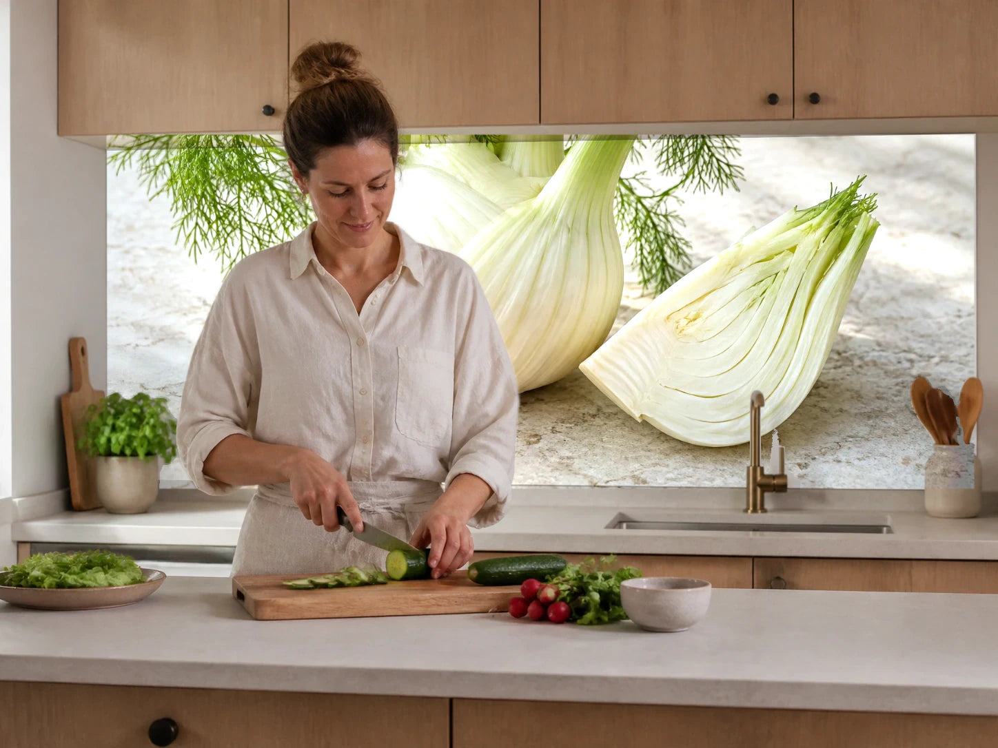 Küchenrückwand „Fenchel mit feinem Grün“ beim Zubereiten von Gemüse in einer Küche