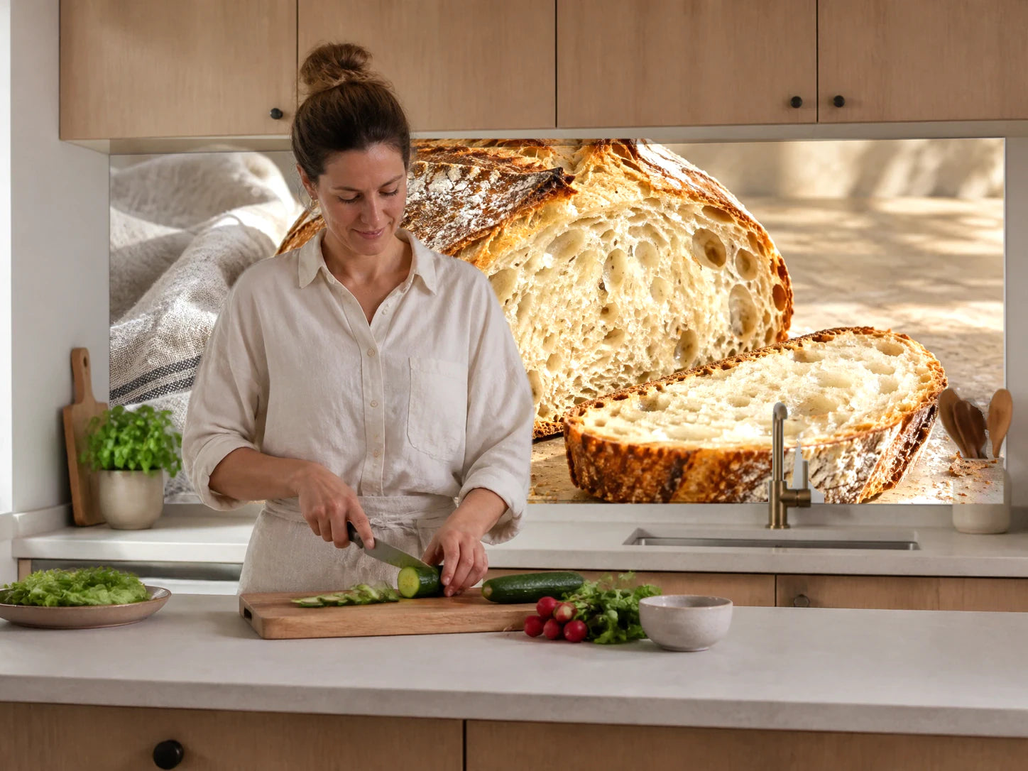 Küchenrückwand „Sauerteigbrot im Morgenlicht“ beim Zubereiten von Gemüse in einer Küche