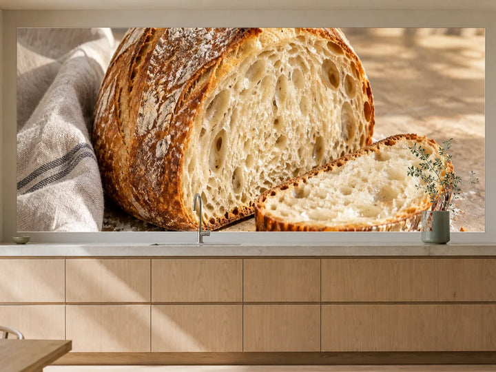 Küchenrückwand „Sauerteigbrot im Morgenlicht“ als installierte Rückwand in einer warmen Küche