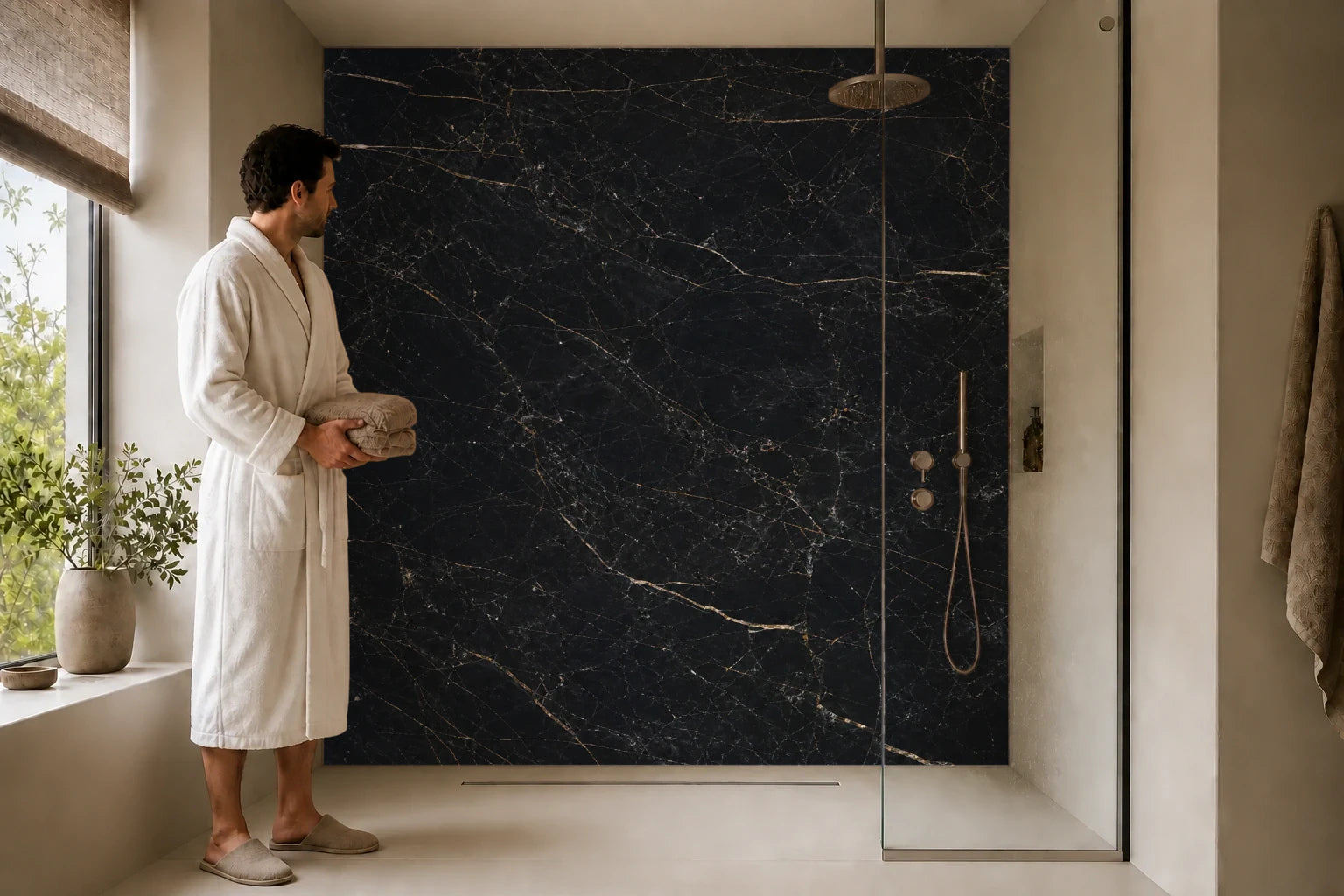 Duschrückwand „Schwarzer Marmor mit feinem Goldfaden“ in einer Dusche mit einem Mann im Bademantel