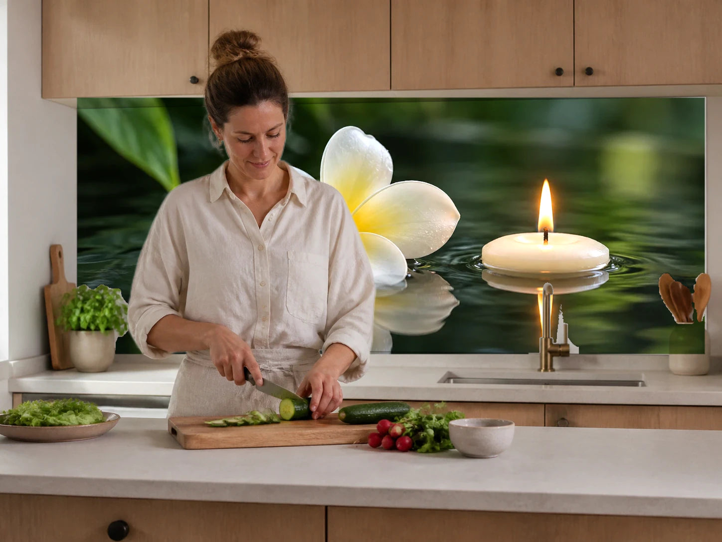 Küchenrückwand „Frangipani und Kerzenlicht auf Wasser“ beim Zubereiten von Gemüse in einer Küche