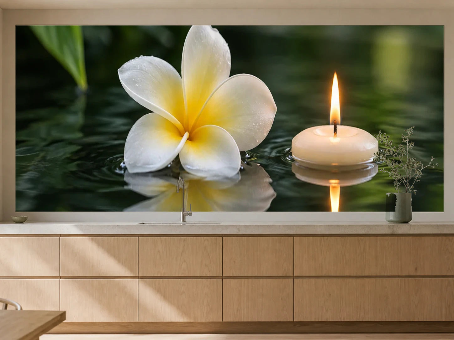 Küchenrückwand „Frangipani und Kerzenlicht auf Wasser“ als installierte Rückwand in einer warmen Küche